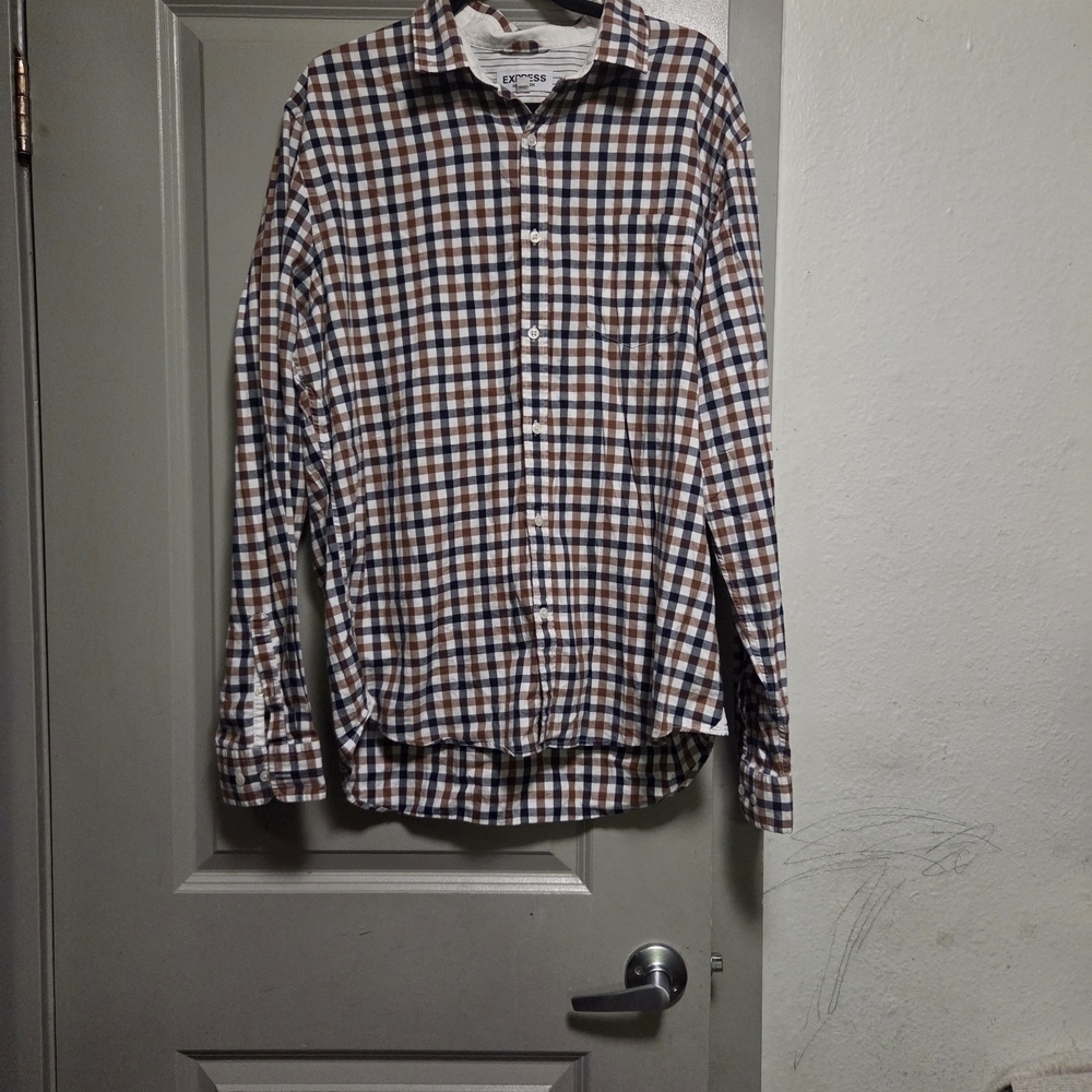 Express Men's Checkered Shirt - Brown, Blue, White